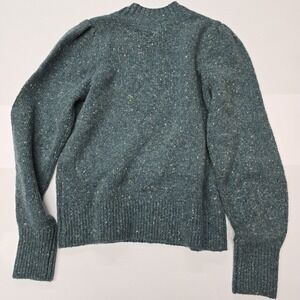 Faherty Speckled Mock Neck Puff Sweater Blue Green Merino Wool Blend Small